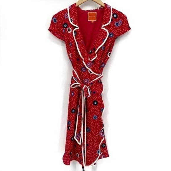 MODCLOTH Daytime Dapper Retro Red Floral Polka Poppy Y2K Medium True Wrap Dress - Picture 2 of 9